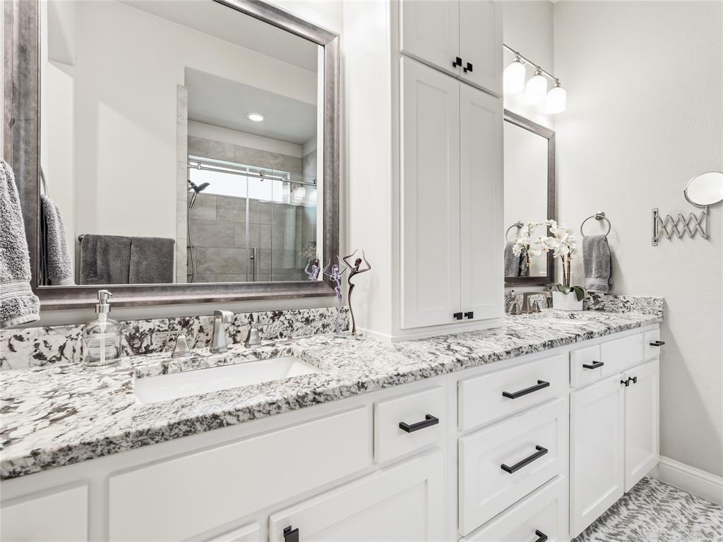 15340 Crape Myrtle Road Frisco, TX 75035 - Photo 24 of 40 Double vanity with white cabinetry, matte black hardware, and granite countertops