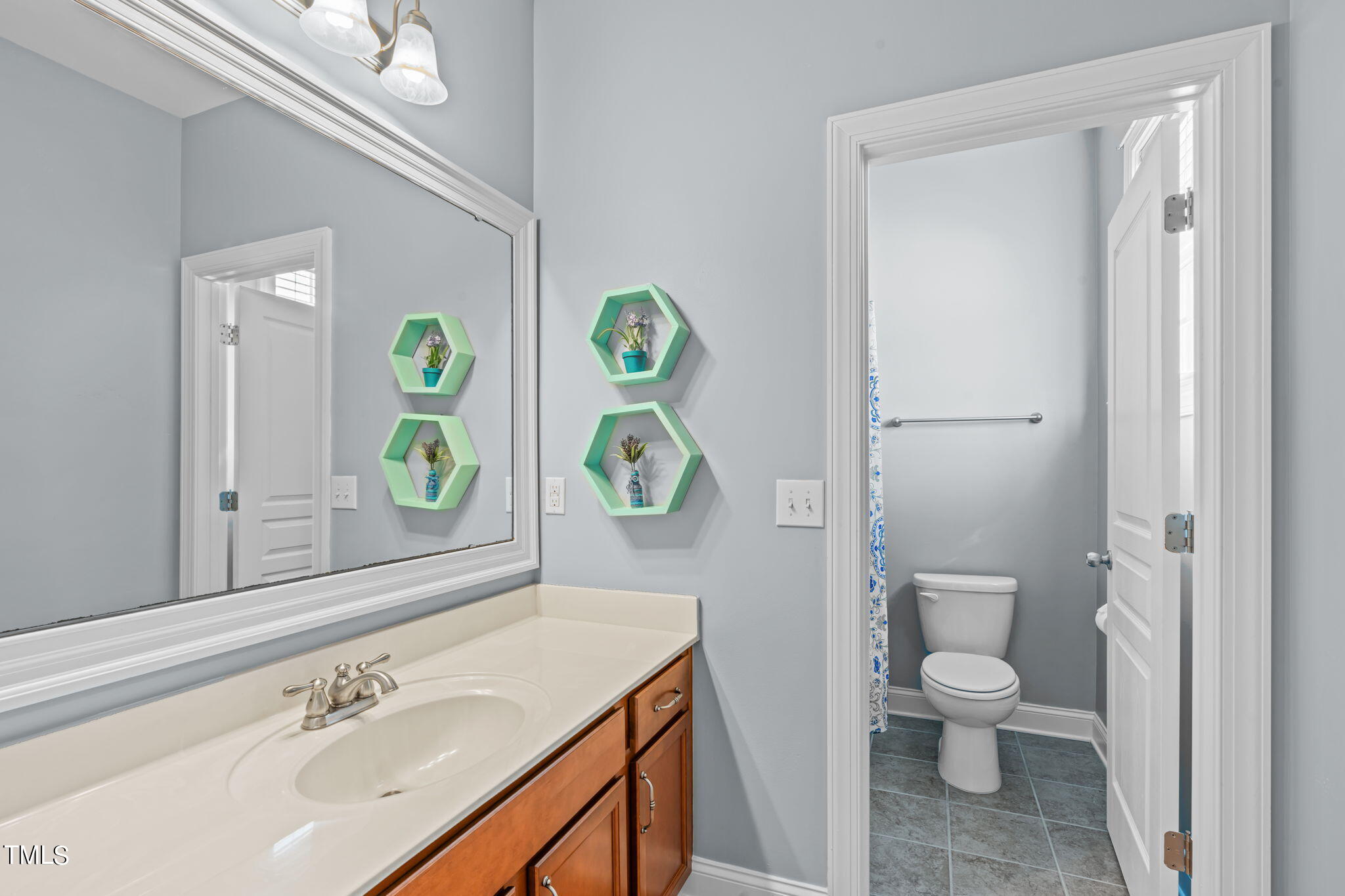 601 Democracy Street Raleigh, NC 27603 - Photo 18 of 24 a bathroom with a toilet sink and mirror
