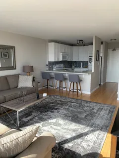 a living room with furniture and a rug