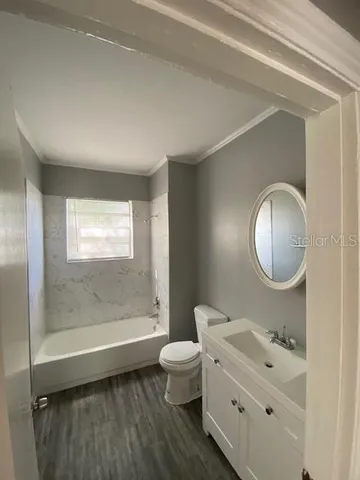 a bathroom with a toilet a sink a mirror a bathtub and vanity