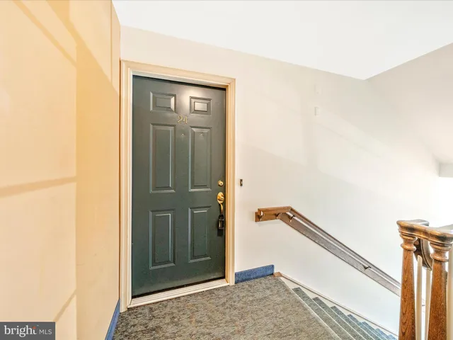 a view of a hallway with closet and front door
