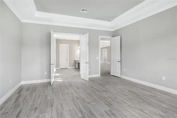 an aerial view of a swimming pool