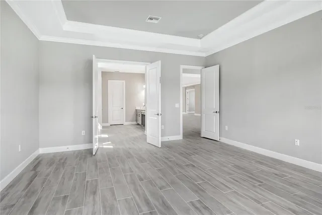 an aerial view of a swimming pool