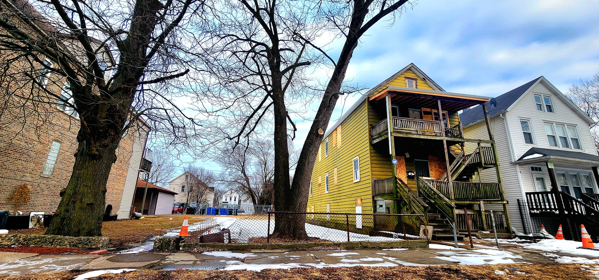 a front view of a building with street view