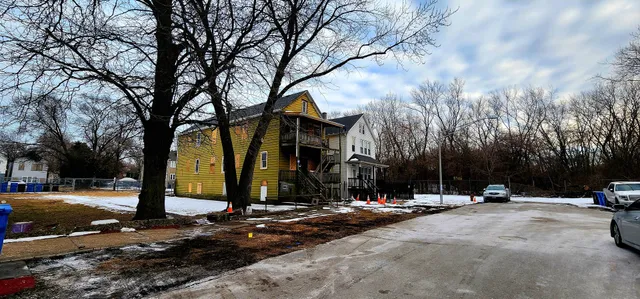 a view of street with tall trees