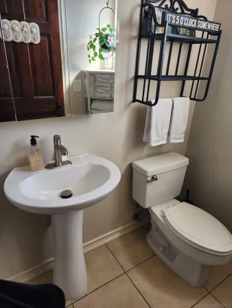 a bathroom with a toilet sink and mirror