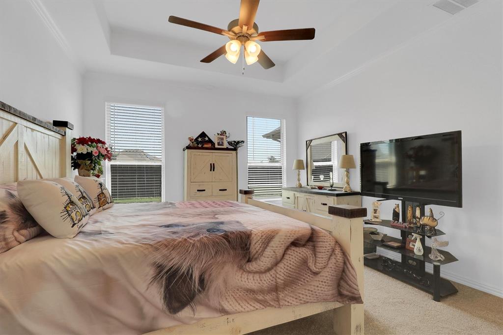 1446 Whitewater Drive Little Elm, TX 75068 - Photo 27 of 35 a bedroom with a bed and a flat tv screen on the dresser