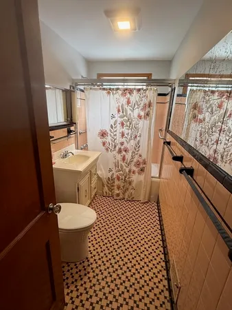 a bathroom with a sink a toilet a mirror and shower