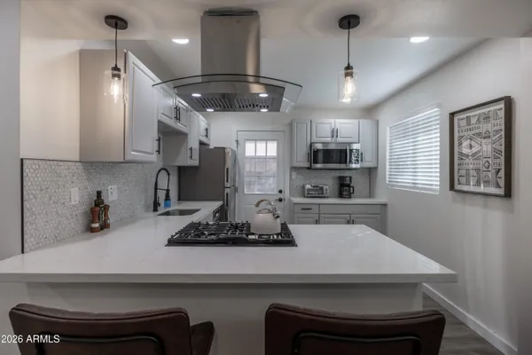 a kitchen with a appliances a counter space cabinets and a sink