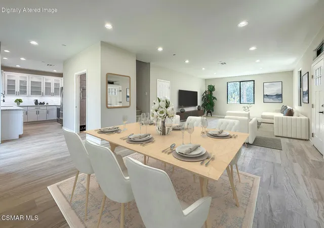 a view of a dining room with furniture