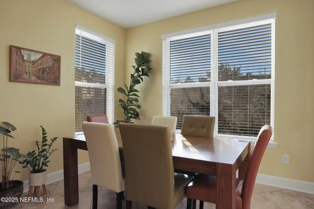 a view of a dining room with furniture and window