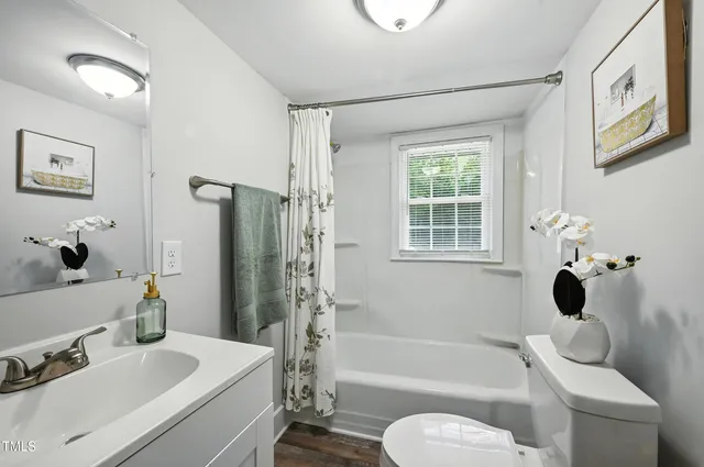 a bathroom with a sink mirror bathtub and toilet