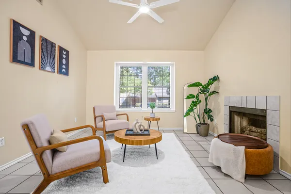 a living room with furniture and a fireplace
