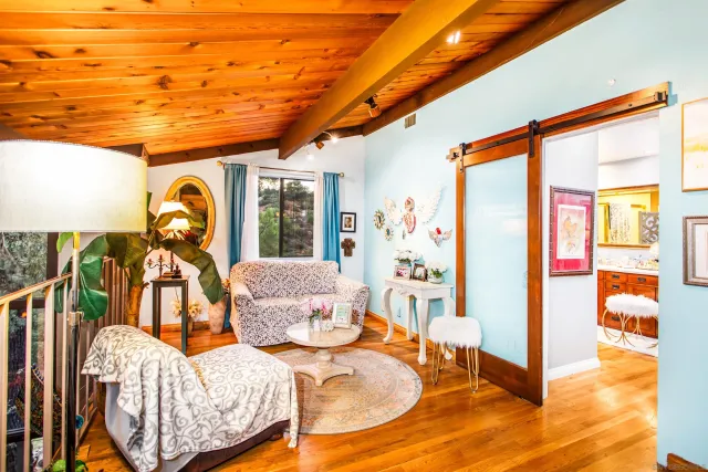 a view of a porch with furniture