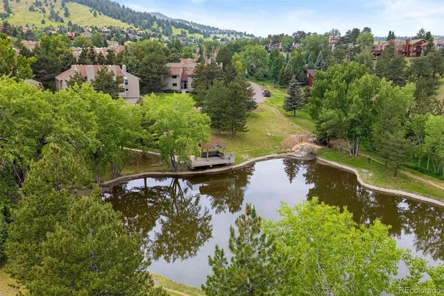 an aerial view of a house with a yard and lake view