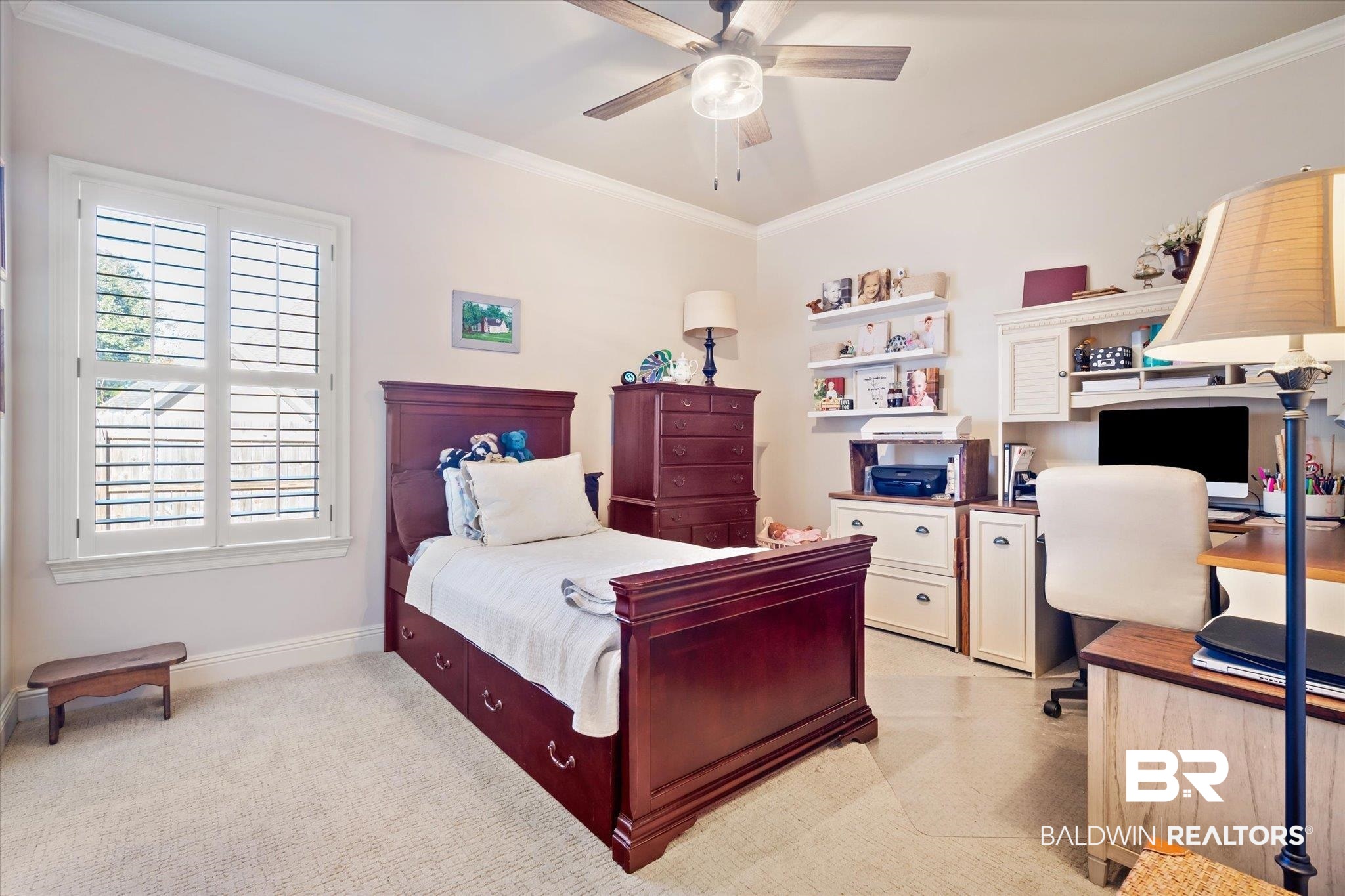 5683 Spring Landing Drive Theodore, AL 36582 - Photo 19 of 49 Carpeted bedroom with crown molding, multiple windows, and ceiling fan