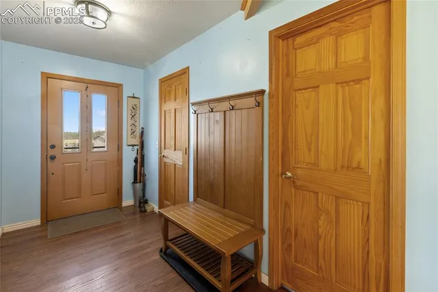 a view of a hallway with wooden floor and closet area