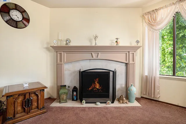 a living room with furniture a fireplace and a potted plant