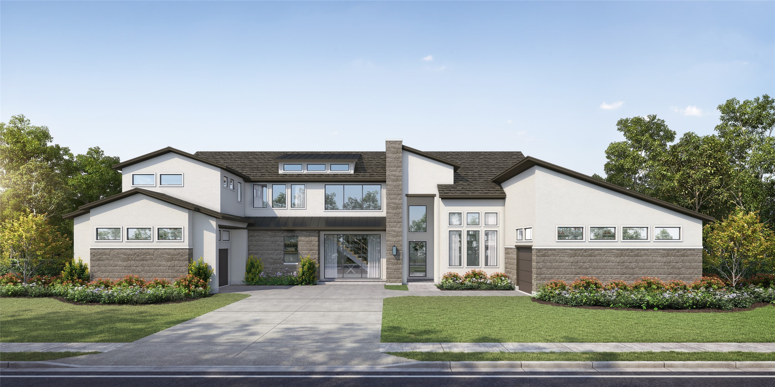 a view of a house with a yard and potted plants