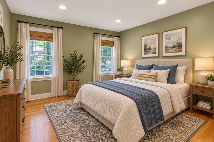 106 Pikes Ridge Anderson, SC 29626 - Photo 13 of 41 Warm hardwood flooring and classic crown molding frame a restful bedroom illuminated by recessed lighting.
