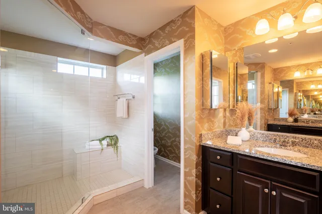 a bathroom with a granite countertop sink a large mirror and shower