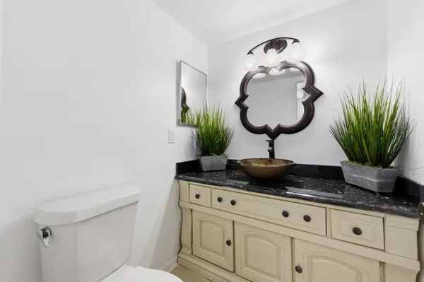 a bathroom with a sink a mirror and a potted plant