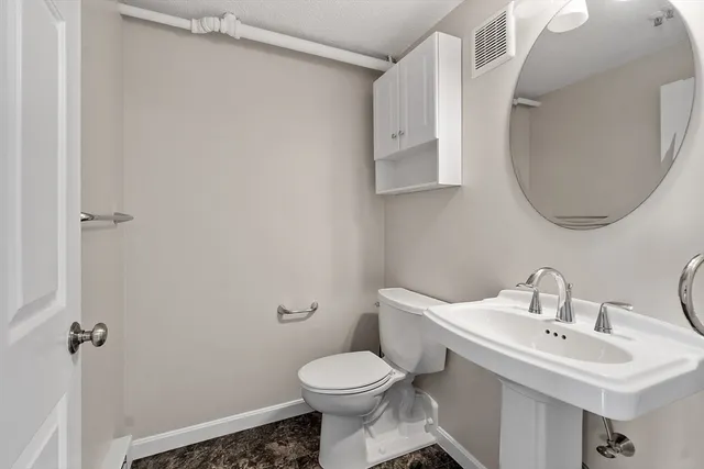 a bathroom with a sink a toilet and a mirror