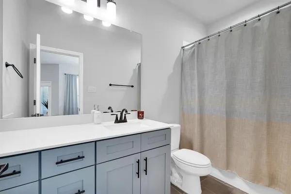 a bathroom with a sink a toilet a mirror and shower curtain