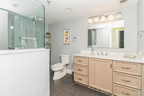 a bathroom with a double vanity sink mirror and toilet