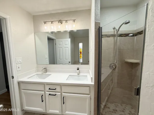 a bathroom with a sink shower and a mirror