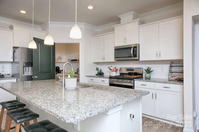 4245 Millstream Road Denver, NC 28037 - Photo 6 of 47 a kitchen with stainless steel appliances granite countertop a sink a stove and a microwave