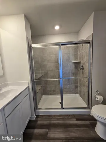 a bathroom with a shower and a toilet