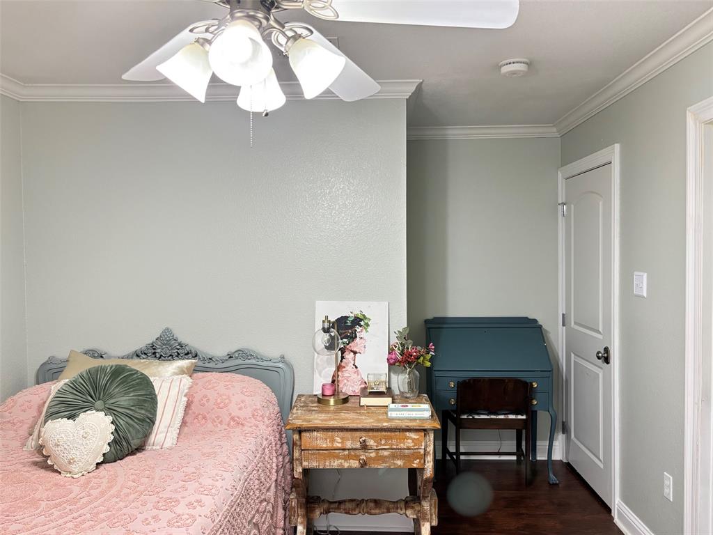 605 Jade Haughton, LA 71037 - Photo 16 of 34 3rd Bedroom featuring crown molding, wood-finish flooring, and a ceiling fan with integrated lighting