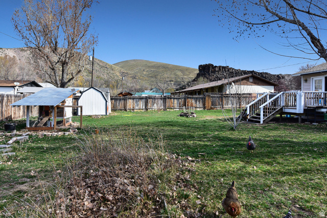 315 Park Street Inkom, ID 83245 - Photo 28 of 28 Expansive backyard featuring a green lawn, wood privacy fencing, and a white storage shed
