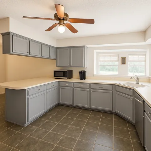 a kitchen with a sink a window and cabinets