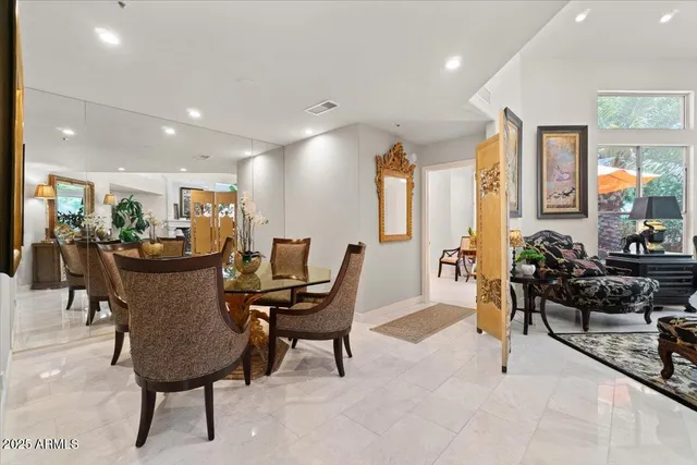 a view of a dining room with furniture