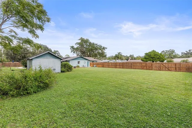 a view of a backyard with large trees