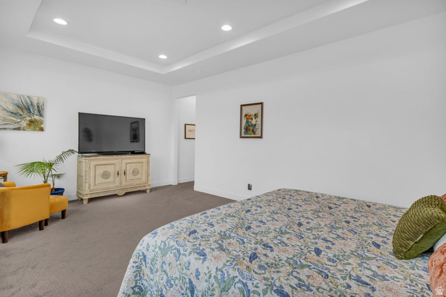2454 West Jackson Street Mapleton, UT 84664 - Photo 22 of 63 Bedroom with dark carpet, recessed lighting, and a raised ceiling