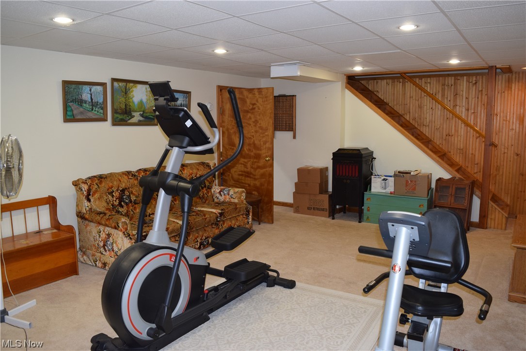 65578 Mathews Road Cambridge, OH 43725 - Photo 21 of 40 Family room with wooden walls, light carpet, and a drop ceiling