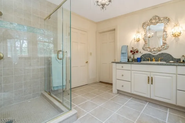 a bathroom with a granite countertop sink a mirror and shower