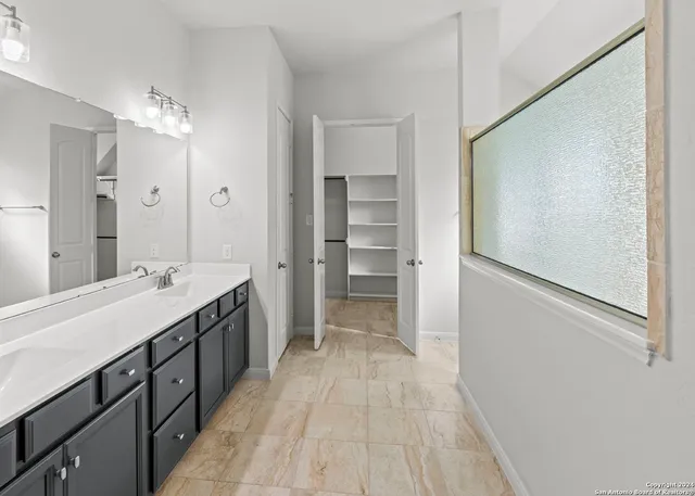 a bathroom with a double vanity sink mirror and shower