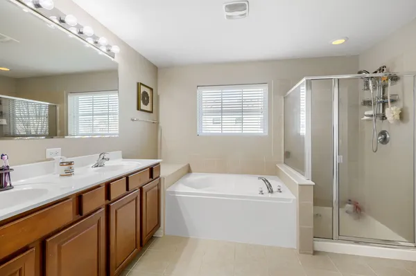 a bathroom with a tub sink shower and mirror