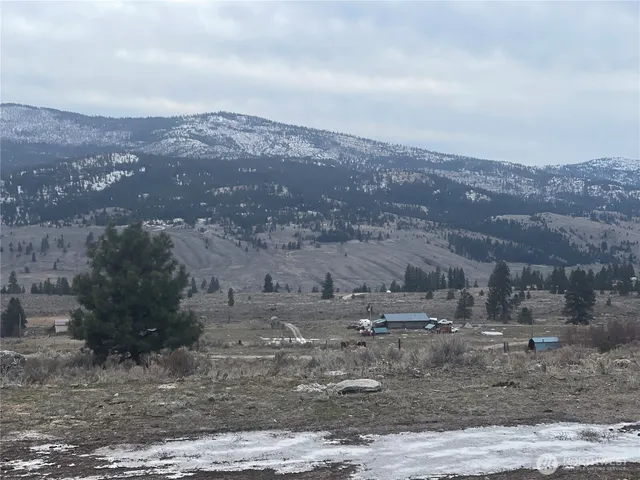 a view of a dry yard with wooden floor and a mountain view