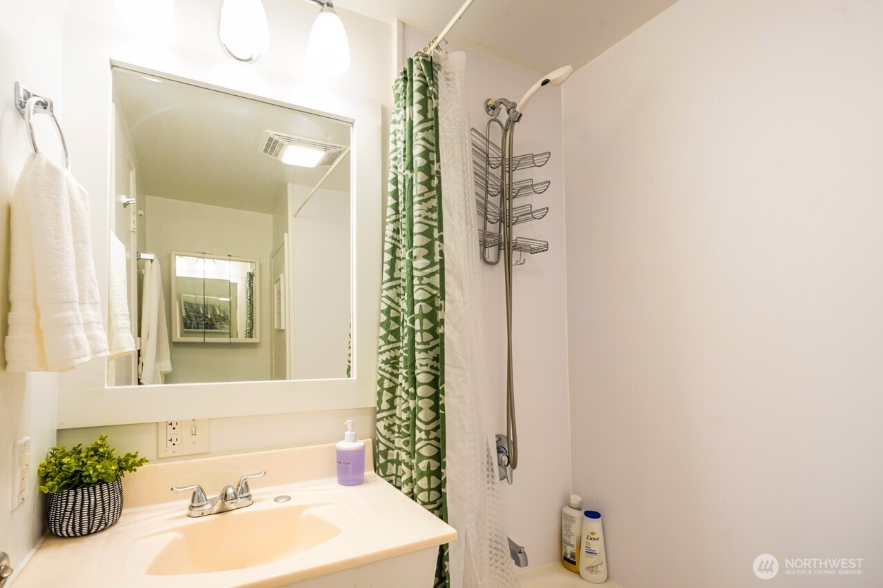 4027 Beach Drive Southwest, Unit 2 Seattle, WA 98116 - Photo 18 of 30 a bathroom with a sink a mirror and a shower