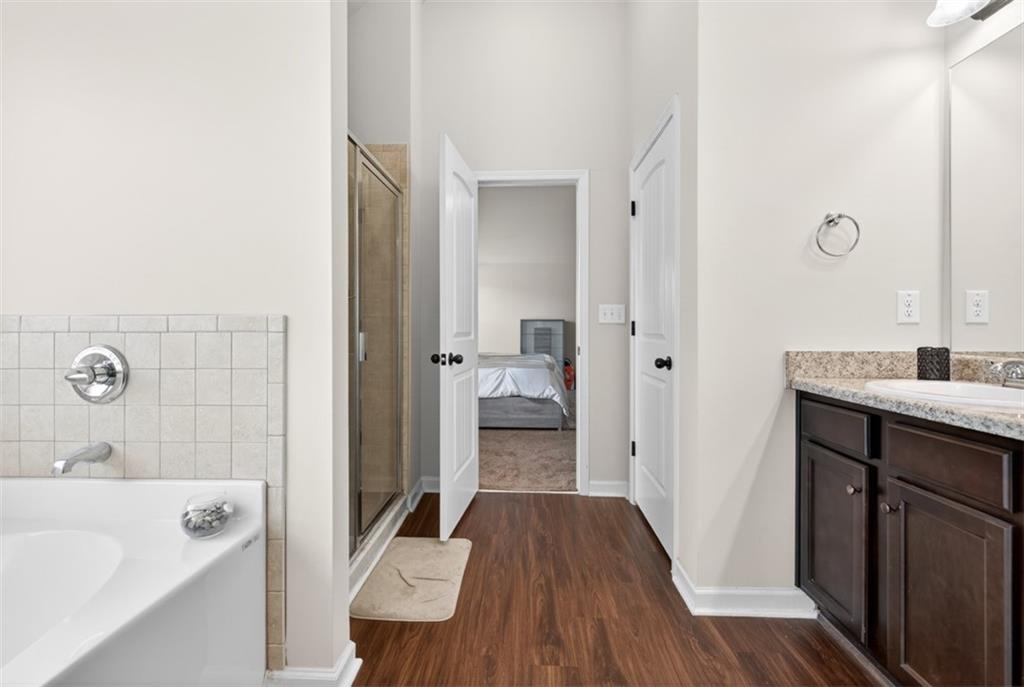 860 Tranquil Way Hampton, GA 30228 - Photo 31 of 54 a bathroom with a sink and a large mirror