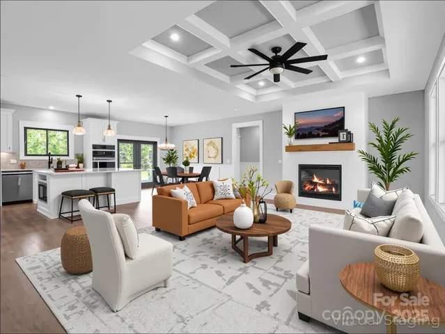 a living room with furniture a fireplace and a ceiling fan