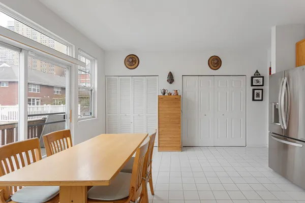 a view of a dining room with furniture