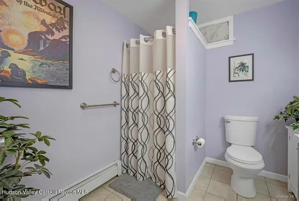 a white toilet sitting next to a shower curtain