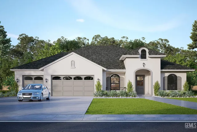 a front view of a house with a garden and parking