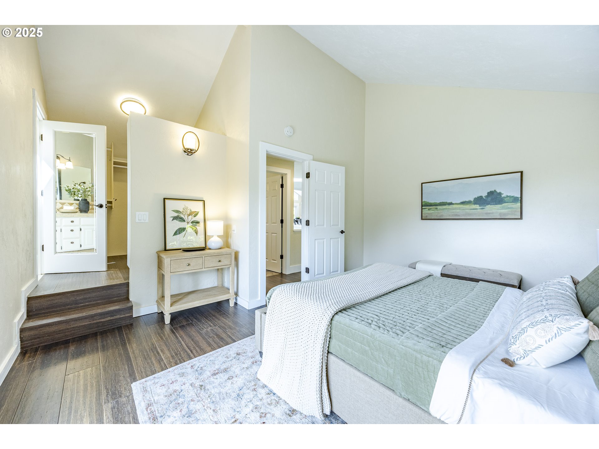 32518 Dillard Road Eugene, OR 97405 - Photo 22 of 45 a bedroom with a bed and a view of bathroom
